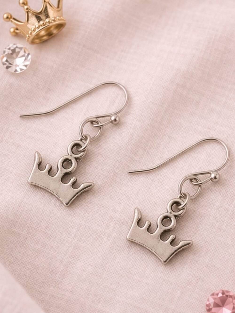 Silver Mini Crown Dangle Earrings Polished Dainty Minimalist